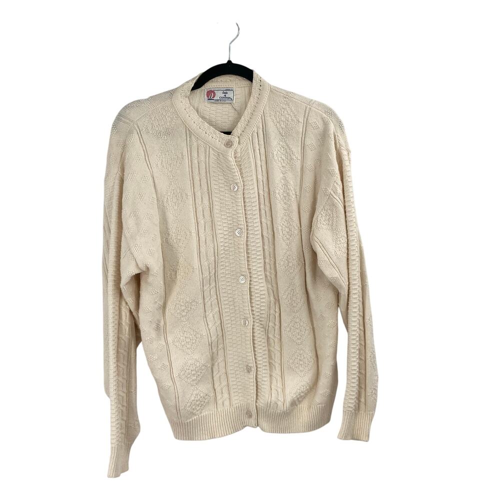 Vintage Fisherman Cardigan Ivory Cream Sweater Cotton Grandma Women’s Large USA